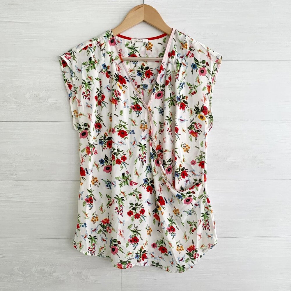 Pleione - White floral sleeveless pleated faux wrap top, S